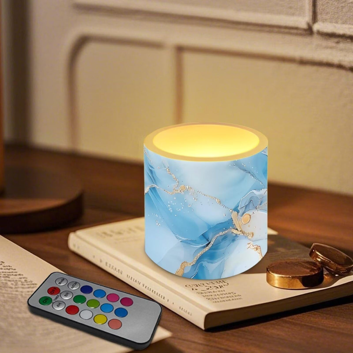 Cozeyat Turquoise Marble LED Candles Set of 4 Battery Powered Flameless with Remote Timer Dancing Flame Waterproof for Home Garden Table Use