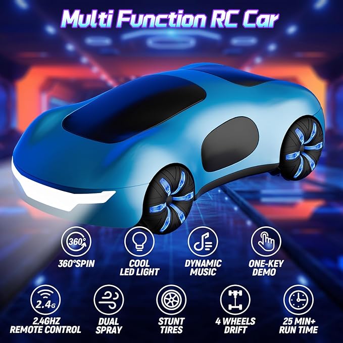 Remote Control Car Gesture Sensing RC Sunt Car 2.4GHz RC Drift Cars with Spray Light and Sound 360° Rotating Side Drifting RC Cars with 2 Batteries Birthday Gifts (Blue)