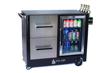 Mont Alpi Outdoor Prep Bar Cart with Ceramic Top, Wine Holder, Stainless Steel Cabinets, MAF Refrigerator & Portable Countertop Gas Pizza Oven Combo - 41"