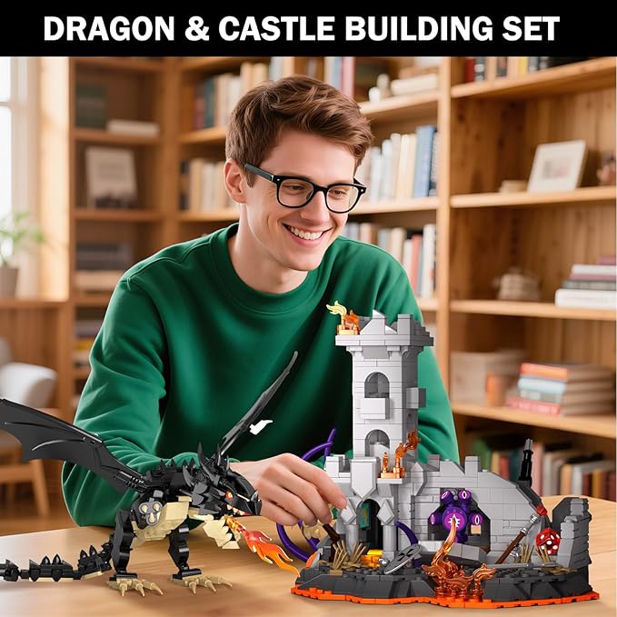 Dragon Fire Castle Building Blocks Set for Adults Boys Girls - Creative Dragon Fire Castle Building Toy Halloween Decor Home Office Collect and Display Models Birthday Gifts (919 Pieces