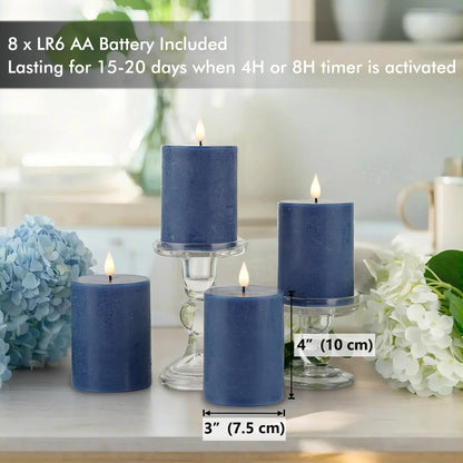 Fanna Flameless Pillar Candles with Timer in Real Wax for Advent and Christmas, Battery Operated Led Candles with Remote, 8 Batteries Included - Set of 4 (D 3" x H 4") - Dark Blue