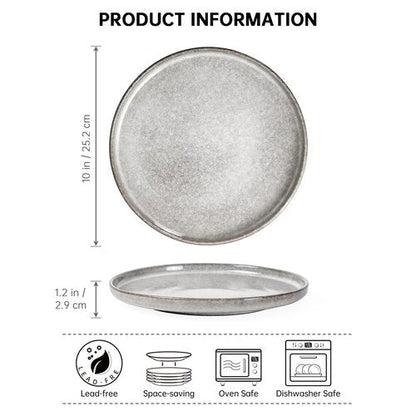 Henten Home 10 Inch Ceramic Dinner Plates, Porcelain Steak Plates Set of 4, Fluted Round Plates for Kitchen, Pasta, Salad Stonware Dishes, Scratch Resistant (Grey)