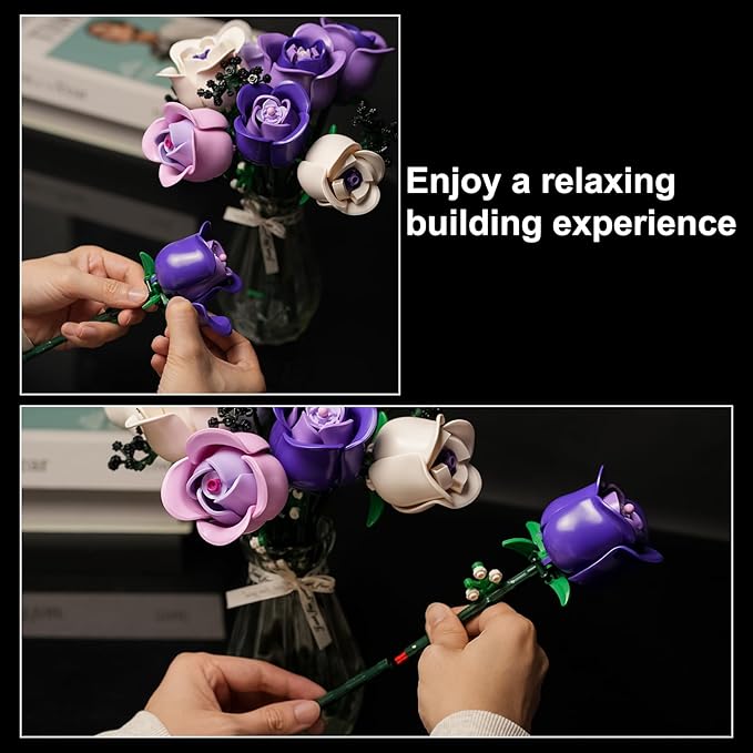 ENJBRICK Pink &amp Purple Roses Flower Bouquet Building Set 615Pcs Everlasting Botanical Collection Compatible with Lego for Adults Aesthetic Home Decor &amp Romantic Gift for Women Anniversary