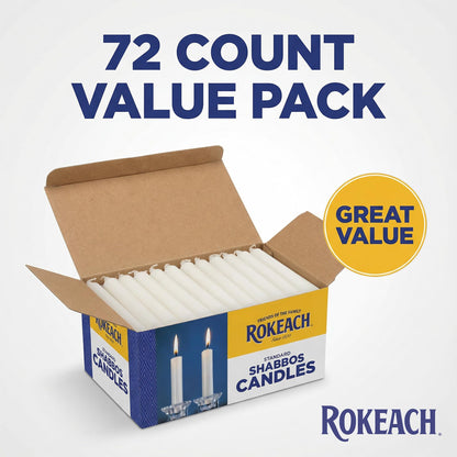 Rokeach Standard Shabbat Candles, 72 Count | White Paraffin Wax Sabbath Candles | 3-Hour Burn Time