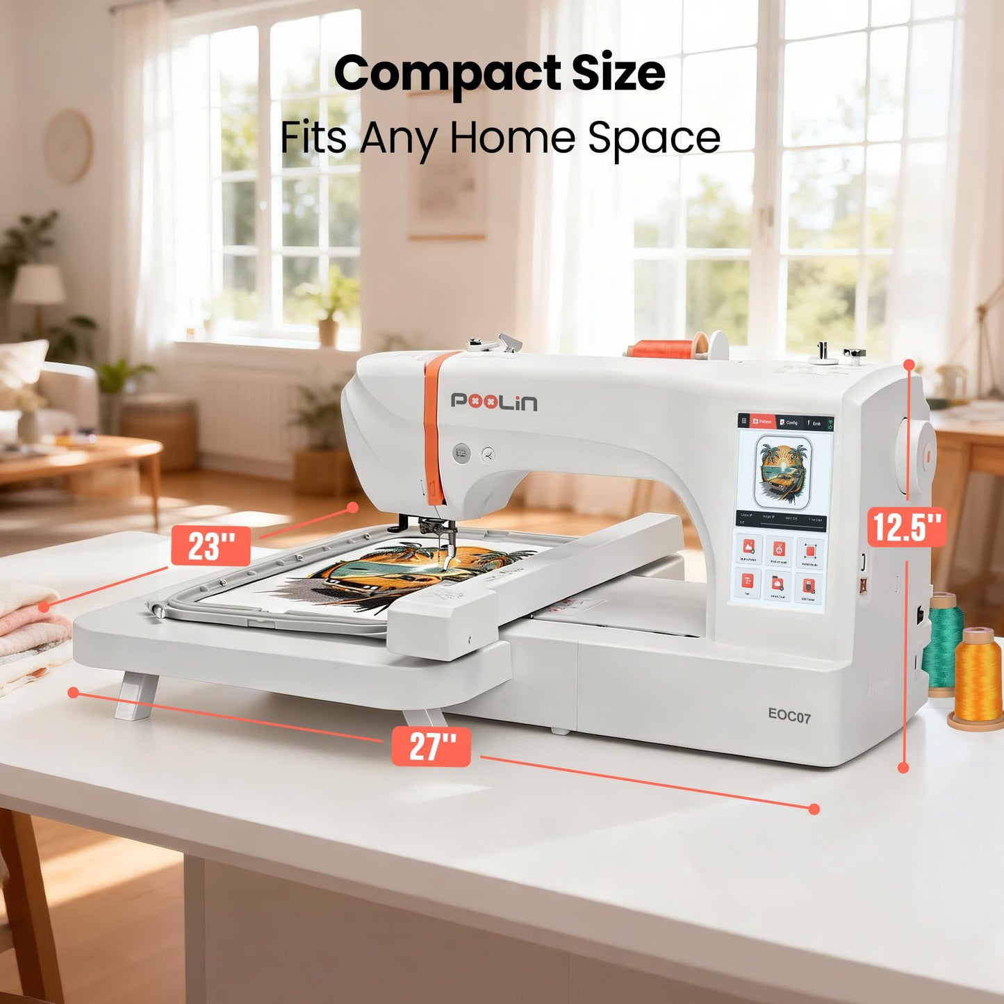 Poolin EOC07 Computerized Embroidery Machine, 15"x 7.9" Large Embroidery Area,7" Touchscreen Institch OS3, Embroidery Starter Supplies Included,Wi-Fi &USB Design Transfer Digital Software for Projects