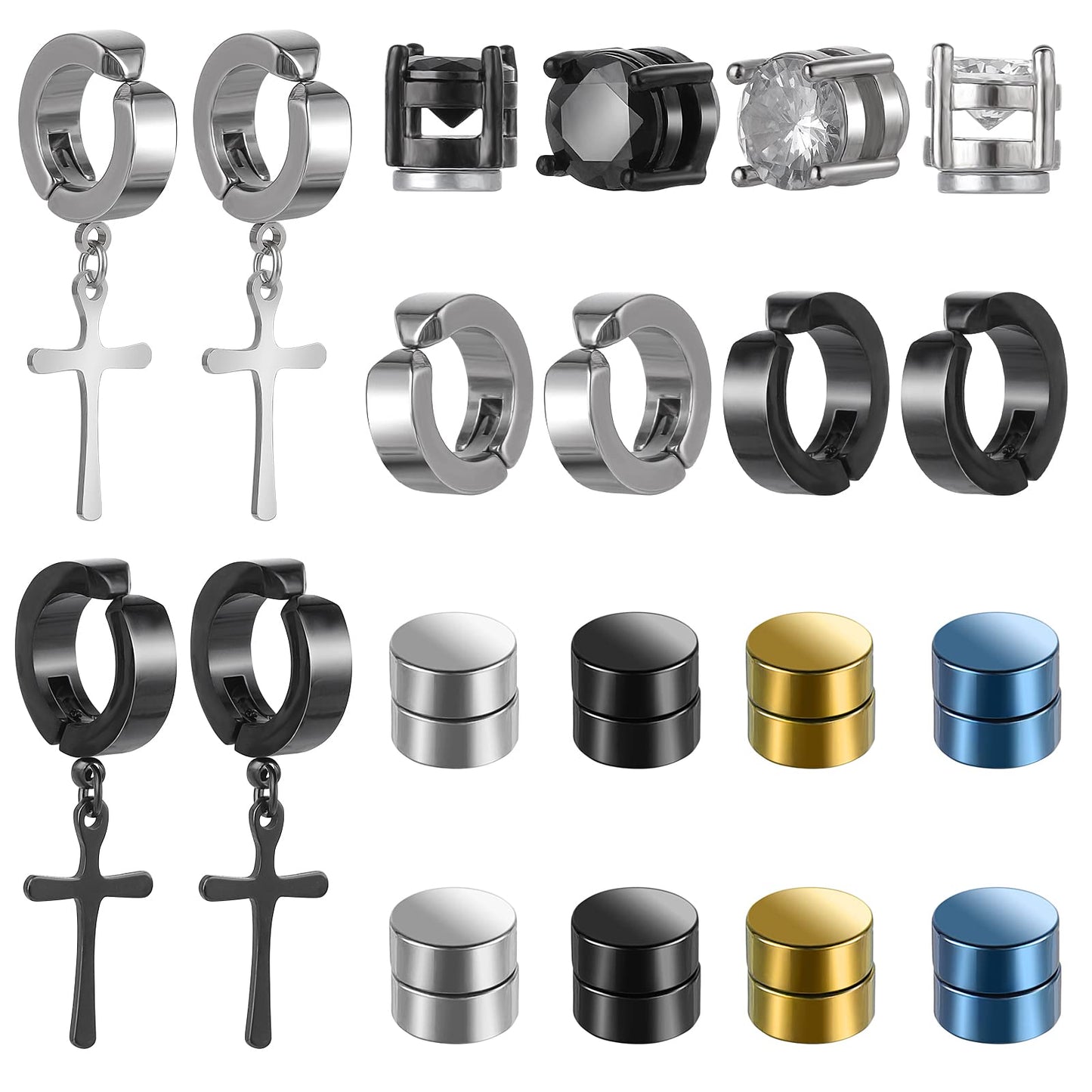 ASTER 10 Pairs Magnetic Stud Earrings Stainless Steel Magnetic Earrings Non Piercing Cross Fake Earrings, Clip on Earring Magnet Earring for Men,Women,Kids,Girls(4 Styles), 10 pairs magnetic earrings, Stainless Steel