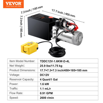 VEVOR Hydraulic Pump, 4 Quart Hydraulic Power Unit, Single Acting Dump Trailer Pump, 0.91 GPM Flow Rate, 3200 PSI Max Relief Pressure, DC 12V Hydraulic Pump for Dump Trailer Car Lifting