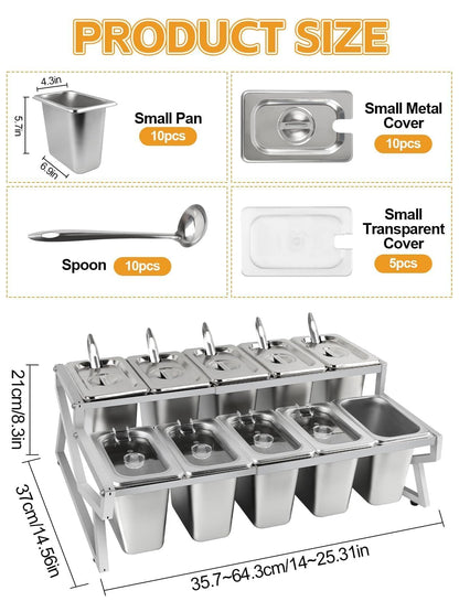 Kalolary 10 Pans Pizza Topping Storage Station, 2 Row Adjustable Stainless Steel Condiment Containers with Lids Spoons Ice Food Serving Display Container Salad Bar Buffet Station for Home Kitchen