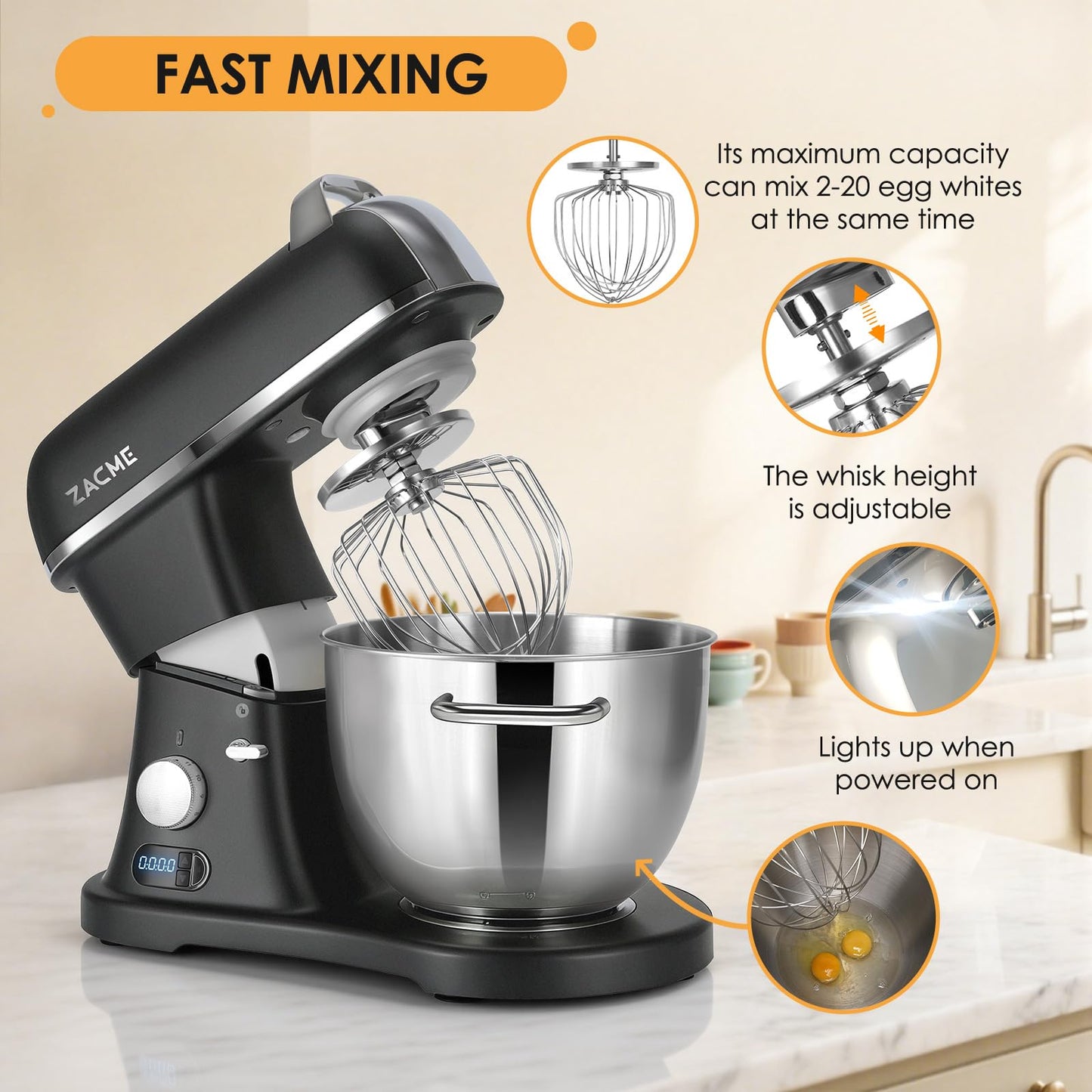 8.4QT Commercial Stand Mixer 800W with Aluminum Die Casting Meets the Standard of NSF/ANSI 8-2023, Mixers Kitchen Electric Stand Mixer with Stainless Steel 8L Bowl, Dough Hook, Whisk and Beater, Black