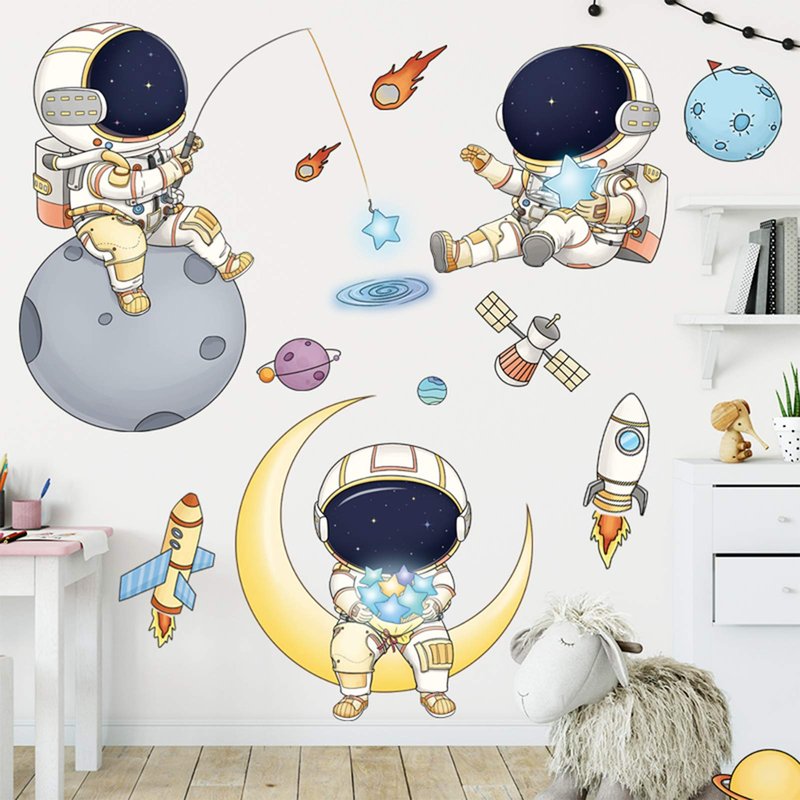 Astronaut Wall Stickers for Boys Bedroom, DILIBRA Cartoon Spaceman Outer Planet Creative DIY Art Vinyl Removable Wall Decal, Star Spaceship UFO Glaxy Wallpaper Decor for Kid’s Room Nursery