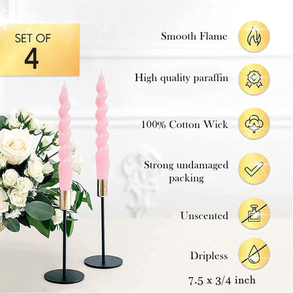MAITREYA Pink Spiral Taper Candles - Handmade Twisted Conical Candles, Set of 4 for Decoration, Weddings, Parties, Church - Unscented, Dripless, 7.5 inch (Baby Pink)