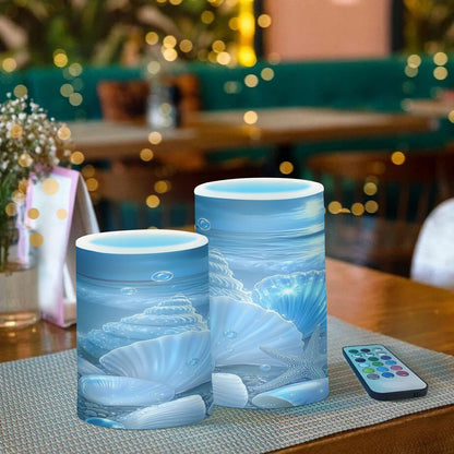 Glowing Blue Sea Conch Shells Star Flickering Flameless Candles LED Battery Operated with Remote Timer Pillar Candles for Home Birthday Wedding Christmas Decor, Set of 2