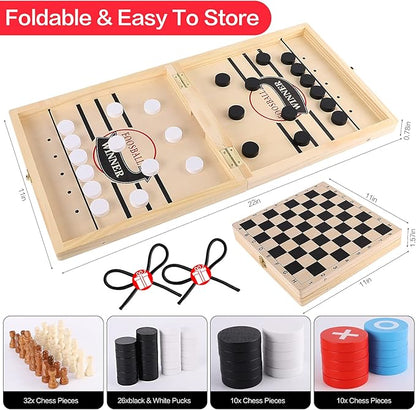 Sling Puck Game Chess Checkers Game Set 4 in 1 Board Game Fast Hockey Table Game Tic Tac Toe Slingshot Chess Set for Kids
