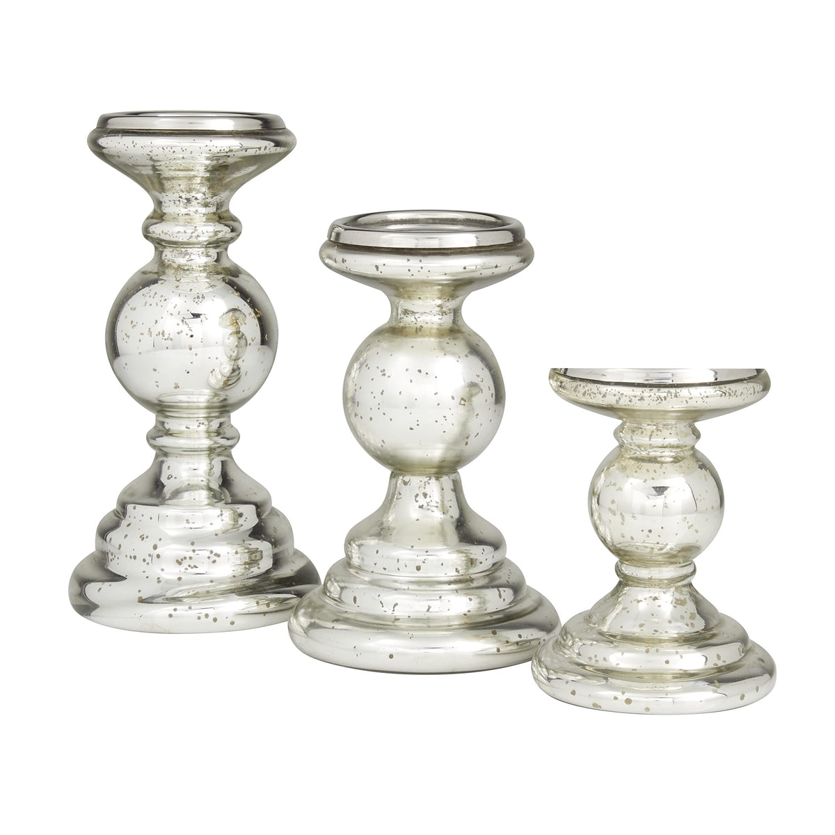Deco 79 Glass Decorative Candle Holder Turned Style Pillar Candle Stand, Set of 3 Candlestick Holder 10", 8", 6"H, Silver