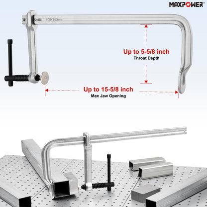 MAXPOWER Deep Throat F Clamp 15-5/8" x 5-5/8" (400 x 140 mm), Heavy Duty Bar Clamp for Welding, Pack of 4