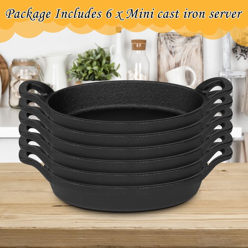6 Pack Mini Cast Iron Skillets,6 x 3.8 x 1.2 Inch Oval Cast Iron Pan,Small Ramekin Set Black Casserole Dish Cookware Oven Safe Mini Skillets for Kitchen BBQ Indoor Outdoor Picnic