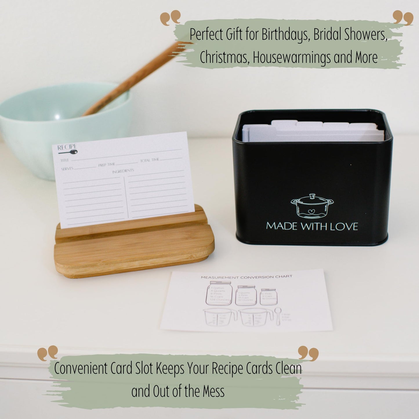 White Recipe Box With Cards And Dividers | Metal Recipe Card Holder w/ Bamboo Lid | 100 Modern Recipe Cards And Box Set | Recipe Card Box Organizer with 10 Dividers | Recipe Tin for Kitchen