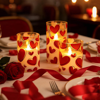 AFINETH Valentines Day Flameless Candles with Remote, Red Heart Glass Battery Operated Candles, Real Wax Flickering LED Pillar Candles for Proposal Wedding Anniversary Romantic Night, 3 Pack
