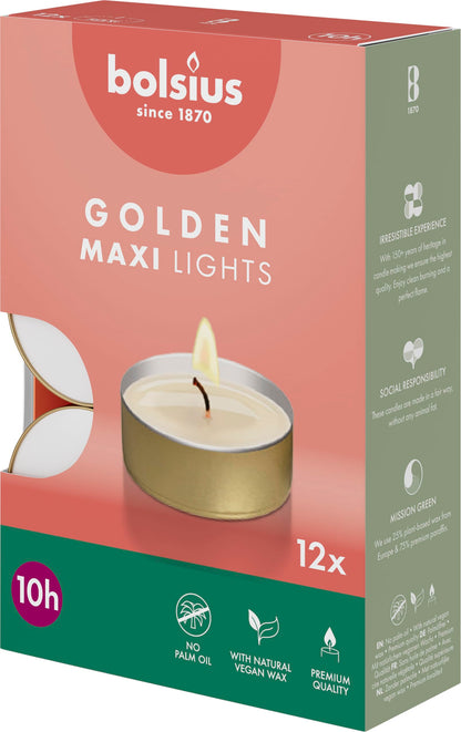 Bolsius Maxi Tea Lights with Golden Cup - Pack of 12-10 Hours Burning Time - Decorative Household Candles - Unscented - with Natural Vegan Wax - Without Palm Oil