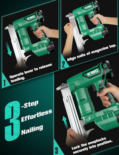 KIMO Brad Nailer Cordless w/ 5000pcs Nails, 2.0Ah Battery X2, 180 Nails/min, Single & Contact Firing, LED Light, Fast Charger,Adjustable Depth 18 GA Cordless Nail Gun for DIY Woodworking Framing