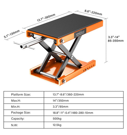 HUGOASIS 500KG Heavy Duty Motorcycle Scissor Lift, 150% Capacity 85mm-350mm Lift Range, Portable Maintenance Lift Table for Motorcycle, ATV, Scooter, Dirt Bike, with Optional Accessories