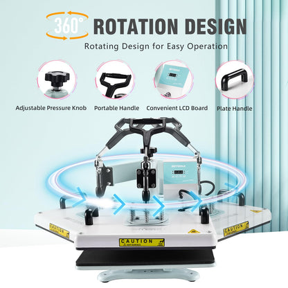 BetterSub Heat Press,5 in 1 Heat Press Machine,T-Shirt Heat Transfer Industrial-Quality Sublimation Machine,360 Degree Swivel 12x15 Print Press Machine for Mug Hat Plate Cap (30oz 5 in 1 12"x15" Teal)