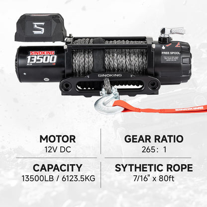SINOKING 13500 lb Electric Winch for Jeep, Truck, SUV, Trailer Winch & Boat Winch – Heavy Duty Synthetic Rope 12V Winch, Waterproof Towing Winch with Wireless and Wired Remote