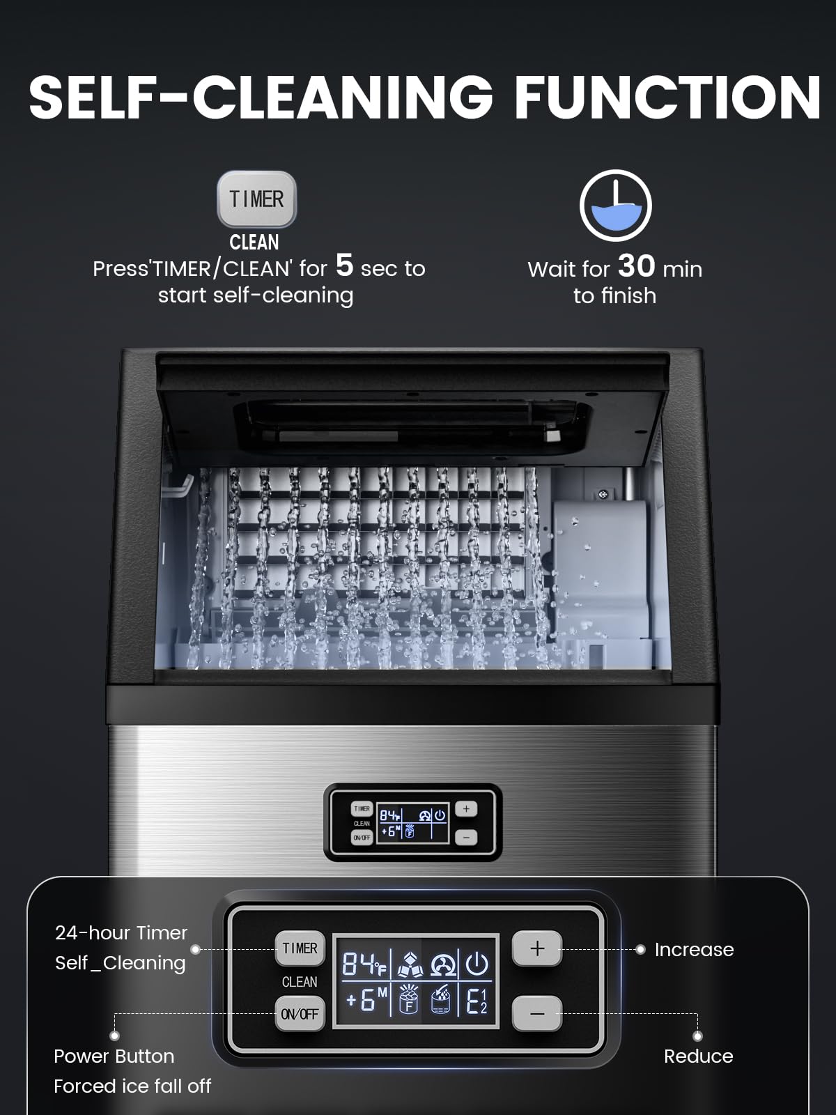 Electactic Commercial Ice Maker Machine,100lbs/24H Stainless Steel Ice Machine,33lbs Storage, Auto Self-Cleaning Freestanding Ice Maker, Ice Machine Freestanding for Bar/Cafe/Restaurant-Dark Silver