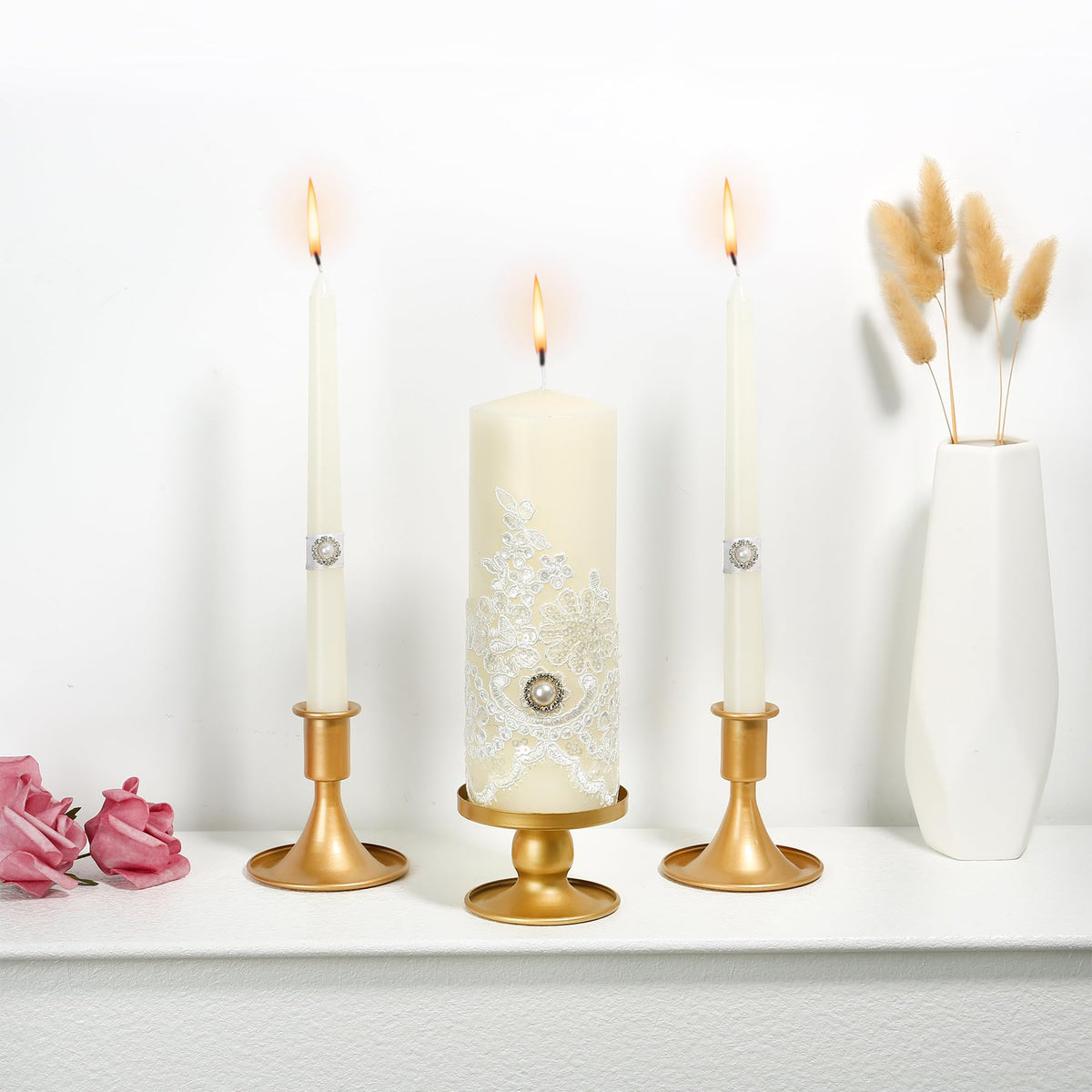 Unity Candle Holder - Gold Unity Candle Holders for Weddings, Metal Gold Unity Candlestick Holder Set of 3, Decorative Unity Candle Stand for Wedding Ceremony Table Centerpiece Decoration Gift