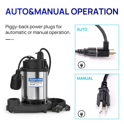 AQUASTRONG 3/4 HP Sump Pump, 4200 GPH Stainless Steel and Thermoplastic Submersible Water Pump, Automatic Float Switch with Piggy-back Plug,1-1/2" NPT Discharge Subpumps for Basement and Flooding Area
