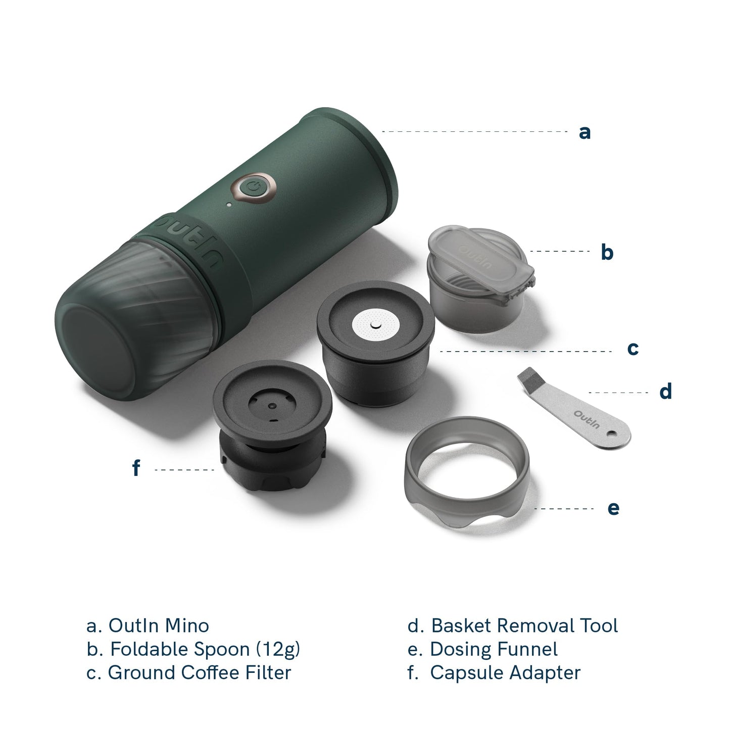 OutIn Mino with Fino, Portable Electric Espresso Machine with Portable Electric Coffee Grinder (Green & White)