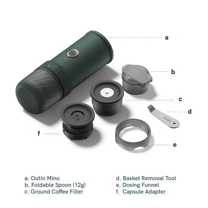 OutIn Mino with Fino, Portable Electric Espresso Machine with Portable Electric Coffee Grinder (Green & White)