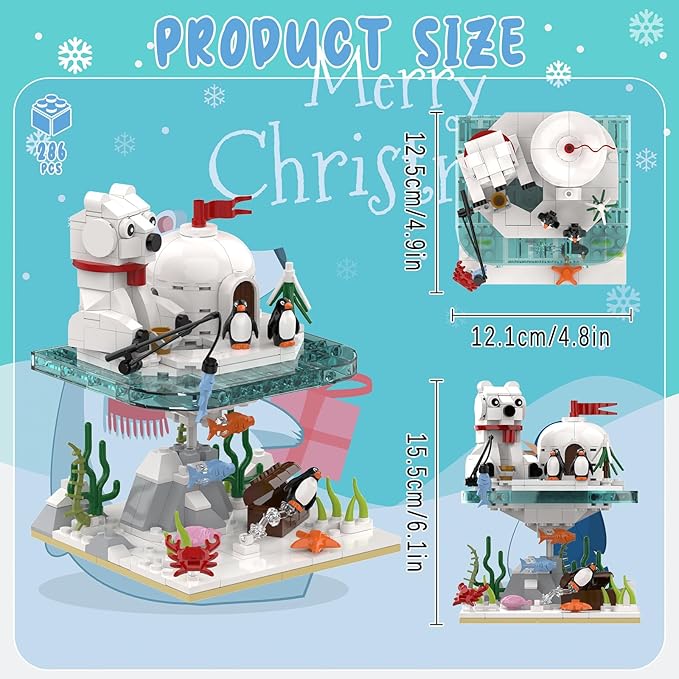 Christmas Polar Bear and Penguin Building Set Sea Animals Building Kit Winter Village Includes Igloo Fish Crab Sea Animals Brithday Gift for Boys Girls Aged 8+ (286Pcs)