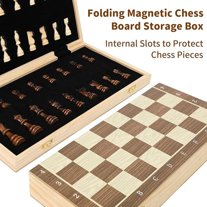 Magnetic Wooden Chess Board Set – 15.3 Folding Travel Chess Sets with Storage Slots – 2 Extra Queens Chess Board Set for Kids Adults Beginners – Portable Chess Game with Pieces Storage