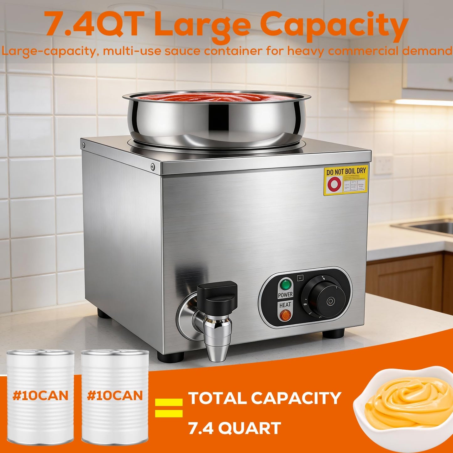 EKVILI 7.4 Qt Stainless Steel Cheese & Sauce Warmer with Temperature Control – Commercial Water Bath Food Heater for Cheese, Chocolate, Sauces, Soups, Nachos, Popcorn, Catering & Buffet （110V）