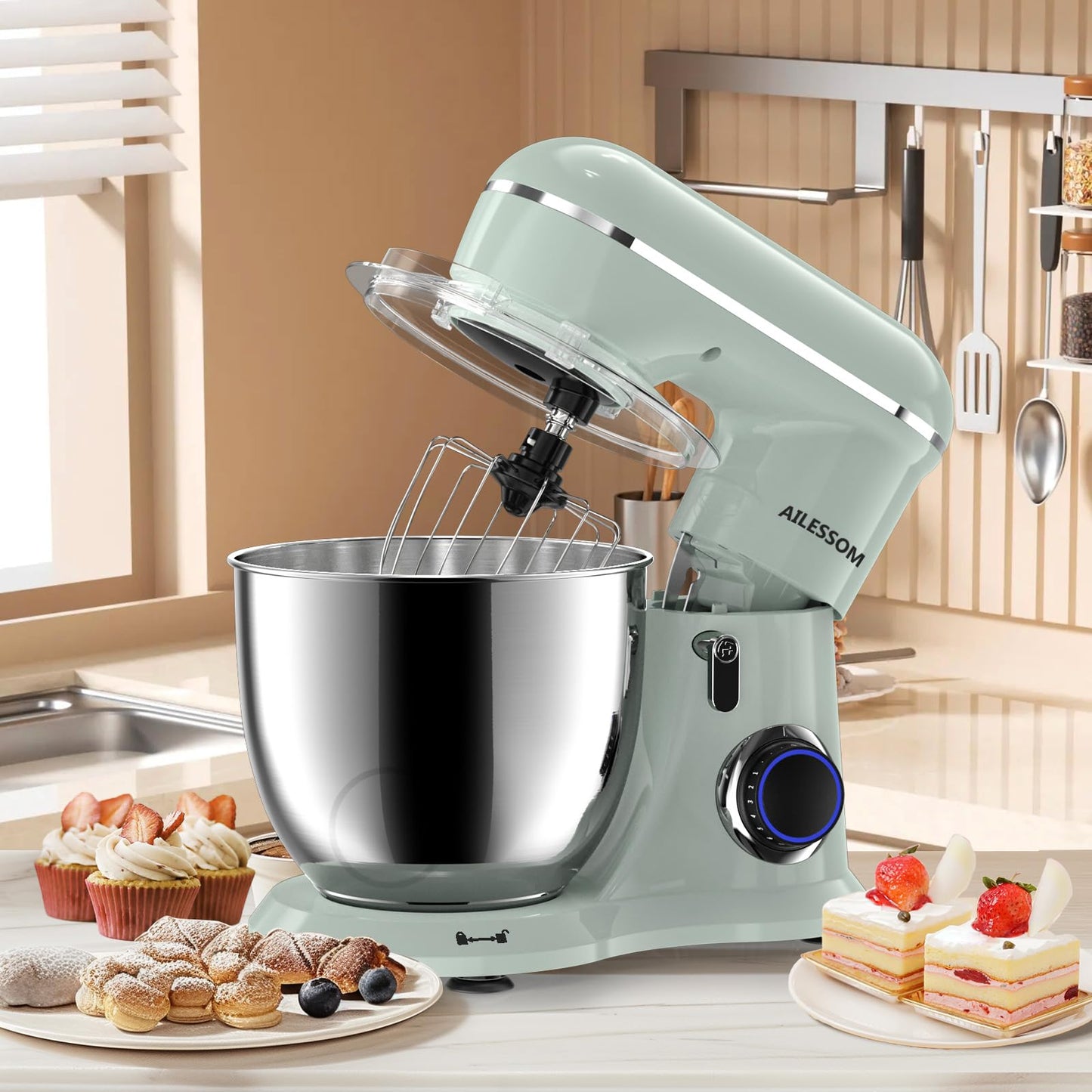 SAMSAIMO 3-IN-1 Electric Stand Mixer, 10-Speed With Pulse Button, Attachments include 6.5QT Bowl, Dough Hook, Beater, Whisk for Most Home Cooks