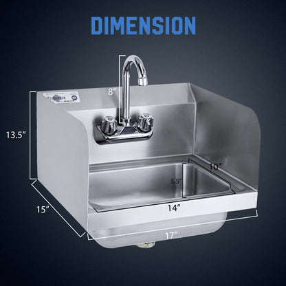 Profeeshaw Commercial Hand Sink with Side Splash Guards, Wall Mount Utility Sink, 304 Stainless Steel Wash Basin with Gooseneck Faucet and Drain Basket for Restaurant and Bar, 17 x 15 Inch