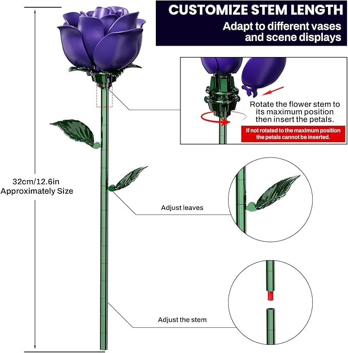 Purple Rose Bouquet Building Set for Girls &amp Boys - 12 Pack Botanical Collection Gift for Easter Basket Artificial Flowers Botanical Collection Centerpiece Retro Decor