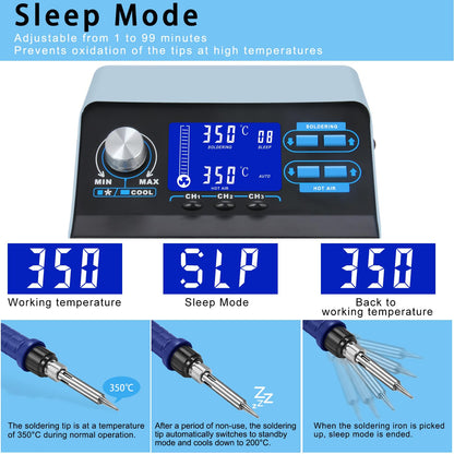 Preciva 992D+ 2-in-1 Soldering & Hot Air Rework Station with LCD, Memory Presets, Sleep, Calibration | Includes Soldering Iron, Hot Air Gun, 5 Tips, 4 Nozzles, IC Tools, Solder Wire | °C/ºF (992D+)