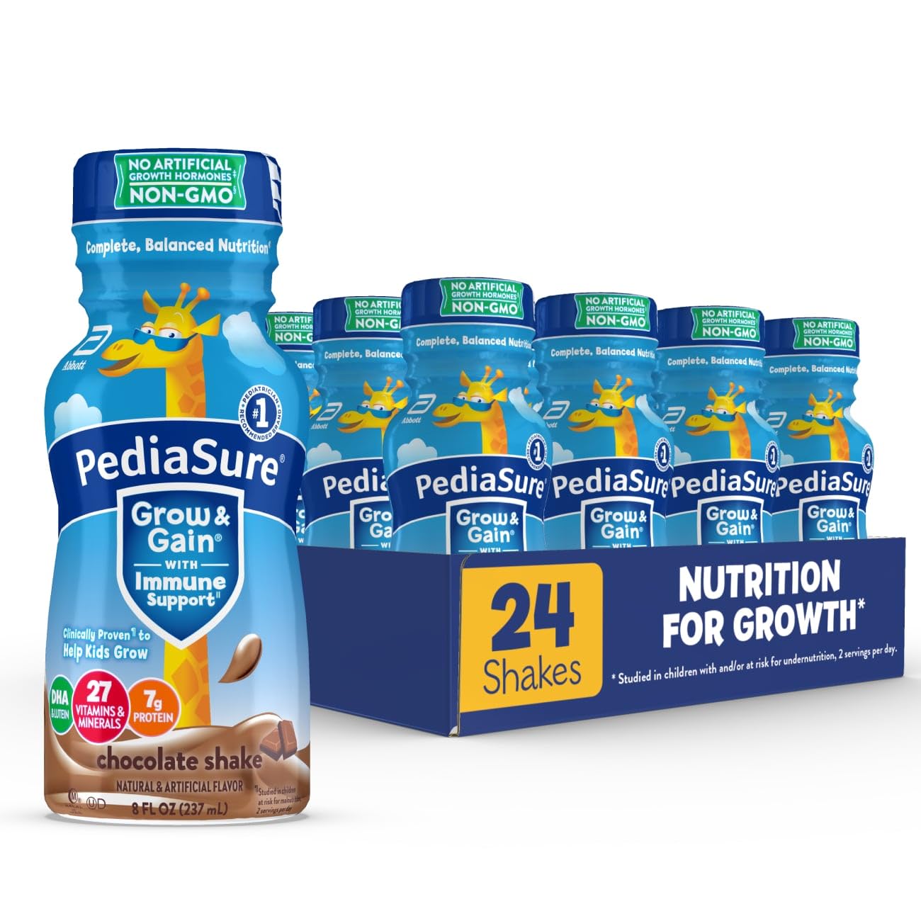 PediaSure Grow & Gain with Immune Support, 27 Vitamins & Minerals for Kids, 7g Protein, Non-GMO, Gluten-Free, Chocolate, 8-fl-oz Bottle, Pack of 24