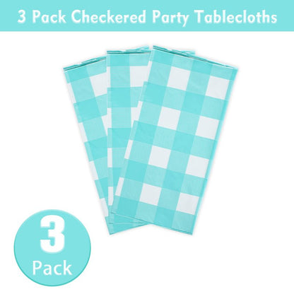 Kesfey 3 Packs Aqua and White Gingham Table Cloths 54 x 108 Inches Disposable Plastic Checkered Tablecovers Waterproof Rectangle Picnic Party Table Covers for Birthday Party Supplies Christmas
