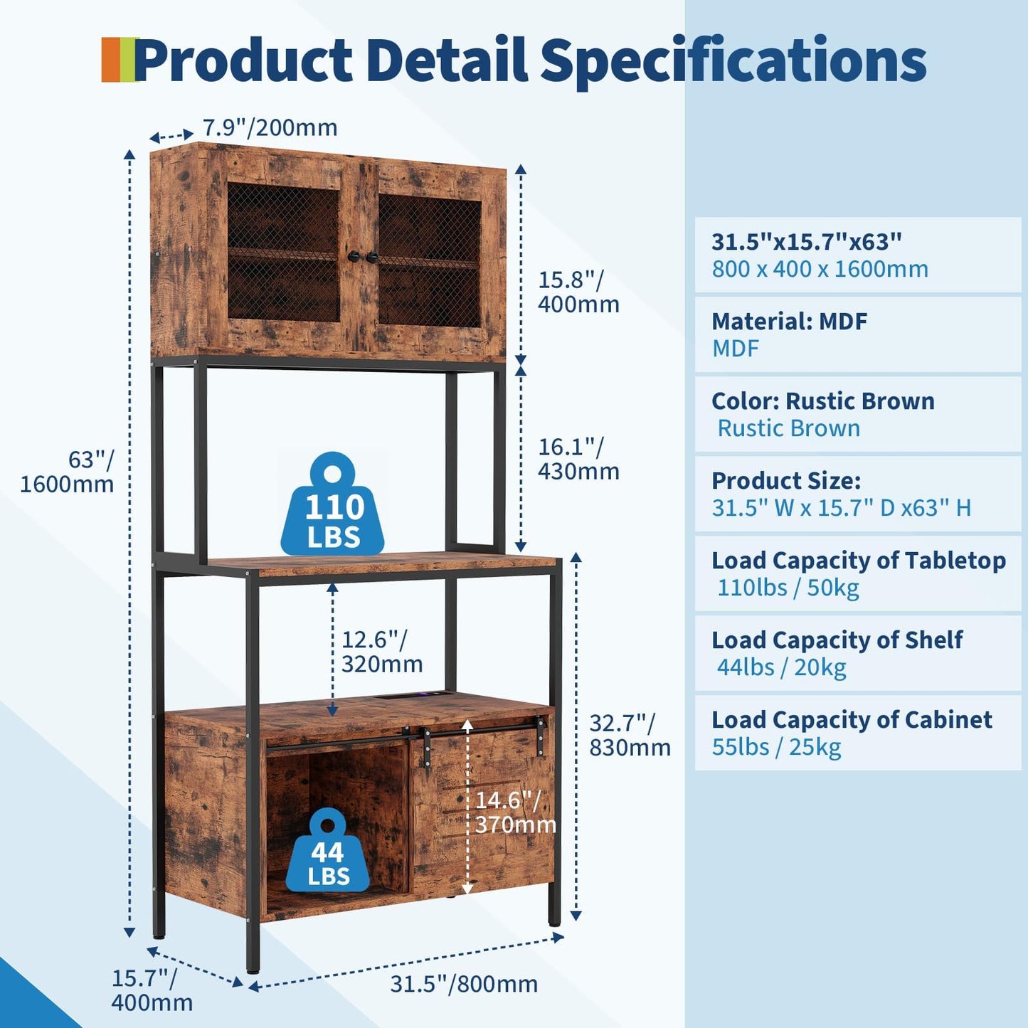 IDEALHOUSE 6 Tier Kitchen Backers Rack with Cabinets & Charging Station, 63 Inch Industrial Microwave Oven Stand, Freestanding Utility Shelves for Dining Room/Living Room/Apartments, Brown