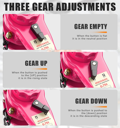 HUGOASIS 3/4 Ton 1650lbs Lever Chain Hoist Capacity 10ft,Chain Come Along with Dual Brake System, G80 Manganese Steel Chain, 2 Heavy Duty Hooks for Garages Warehouse Automotive Machinery – Pink