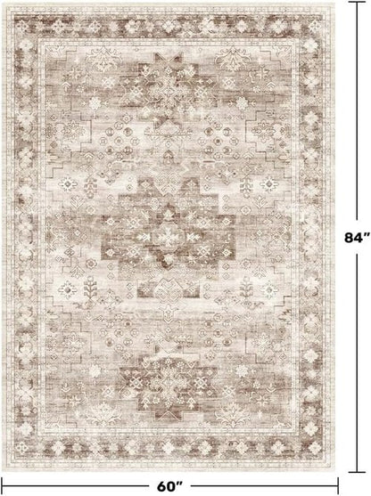 Hazo Haus Washable Area Rug - Non-Slip Boho Vintage Floral Design | 5x7 Beige/Latte for Bedroom & Living Room