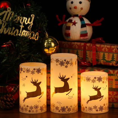 Lasumora Golden Reindeer Christmas Candles with 6H Timer, Real Wax LED Candles Flameless Flickering, Battery Operated Candle Pillar for Home Décor Christmas Decorations Gifts, 3x4/5/6 inches