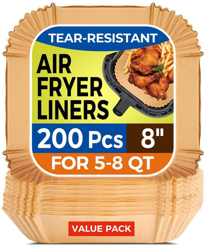 Air Fryer Paper Liners, 200pcs Air Fryer Liners Disposable, 8" Square Baking Paper Liner for 5-8 qt Airfryer Basket, Non-stick and Oil Proof Parchment Paper for Oven, Pans & Baking