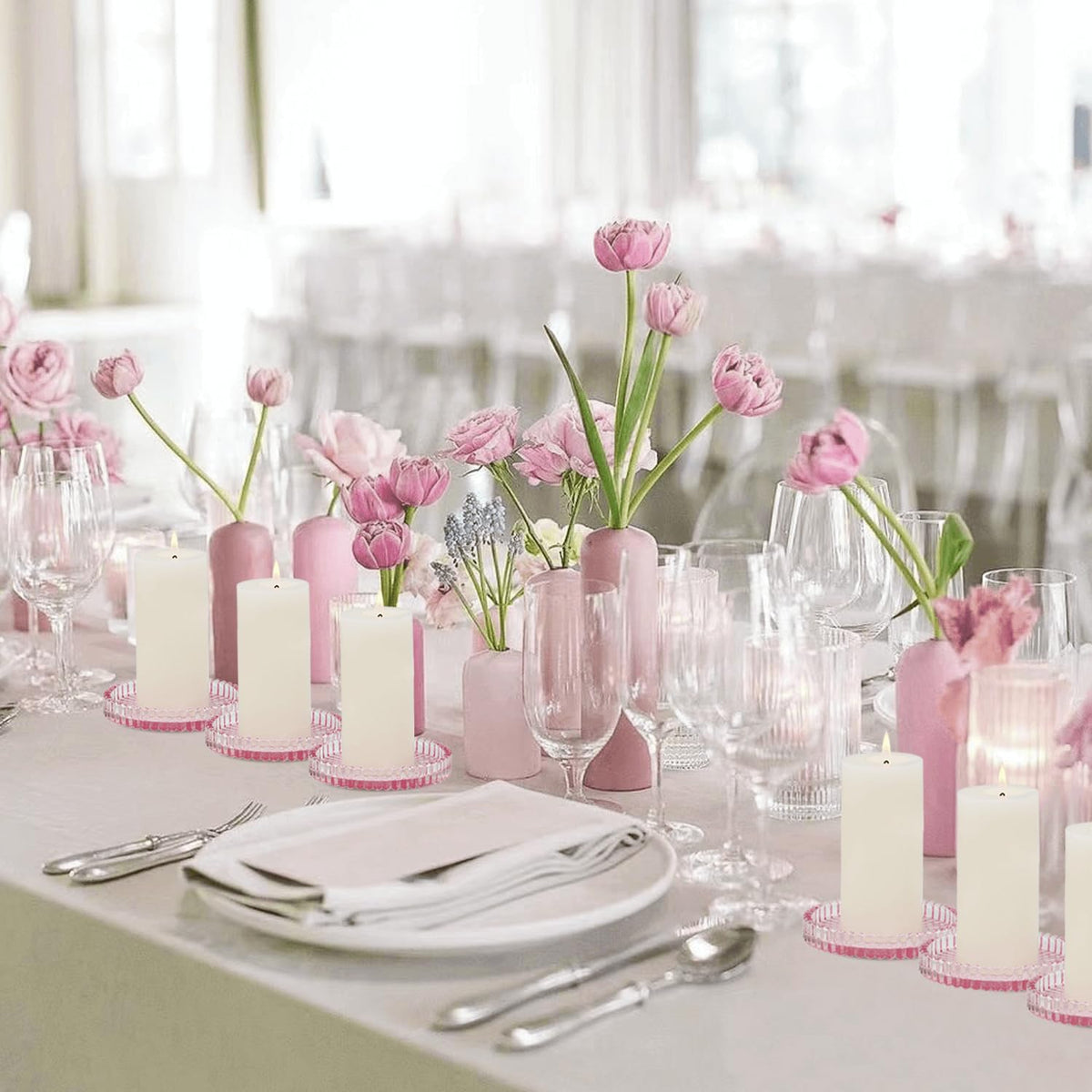 CHOCSTAY Glass Pillar Candle Holder, 4" Pink Candle Plates Set of 6, Glass Candle Holders for Wedding, Party, Holiday, Home Decor, Table Centerpiece