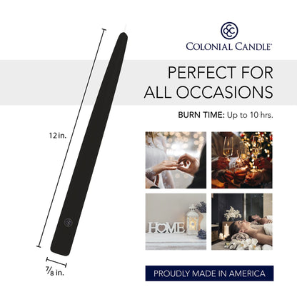 Colonial Candle Unscented Taper Candle, Handipt Collection, Black, 12 in, Pack of 12 - Up to 10 Hours Burn