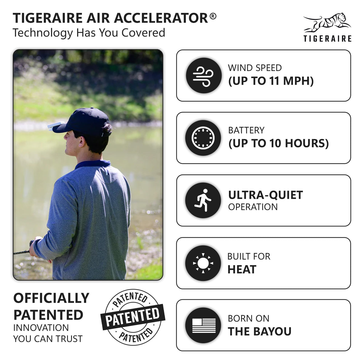 Tigeraire Breezy Clip-On Hat Fan for Sportsmen & Tradesmen - Lightweight Head Cooler, USB-C Recharge, 11 MPH Airflow, 10+ Hr Runtime, Defogs Eyewear & Face Shields - Portable Heat Relief - Camo