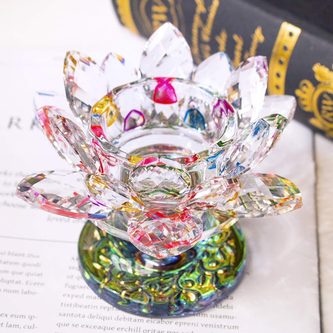 H&D HYALINE & DORA Colorful Crystal Lotus Flower Candle Holder Tealight Holders (4.5inch-Multi)